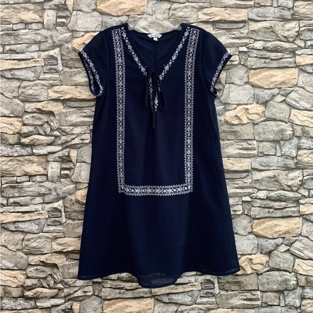 #47 Speechless Boho Navy Embellished Chiffon Crepe Shift Swing Slip On Dress